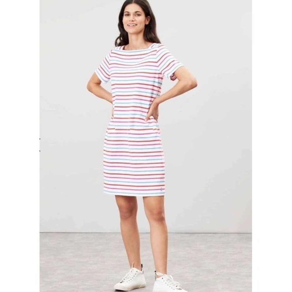 Joules Riviera Jersey White With Pink Striped Shift Dress Size 12 Short Sleeves